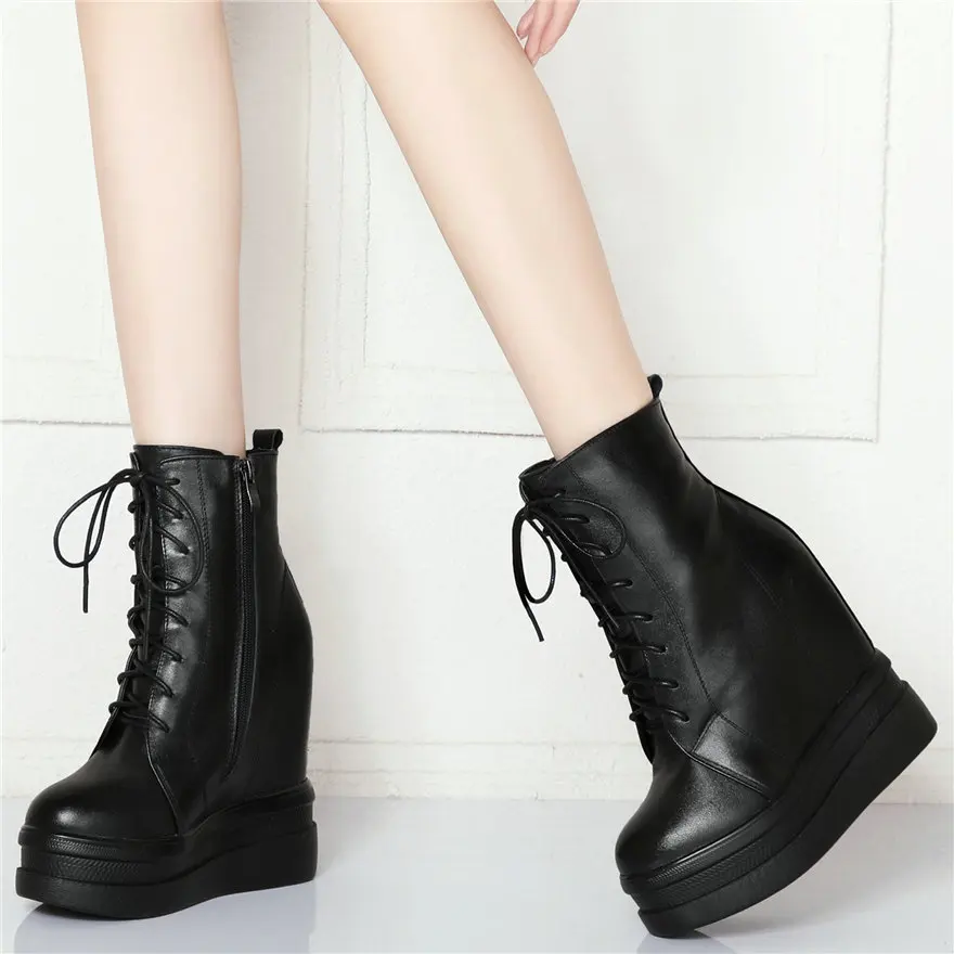 Winter Fashion Sneakers Women Lace Up Genuine Leather Wedges High Heel Snow Boots High Top Round Toe Pumps Shoes Casual Shoes - Image 3
