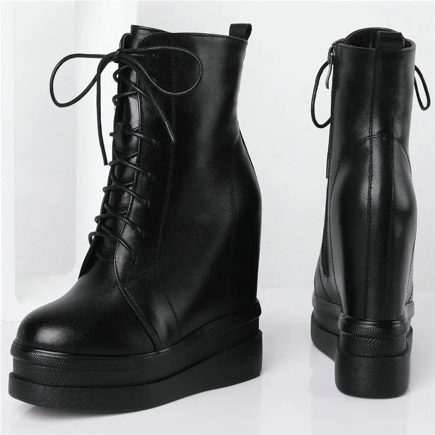 Winter Fashion Sneakers Women Lace Up Genuine Leather Wedges High Heel Snow Boots High Top Round Toe Pumps Shoes Casual Shoes - Image 6