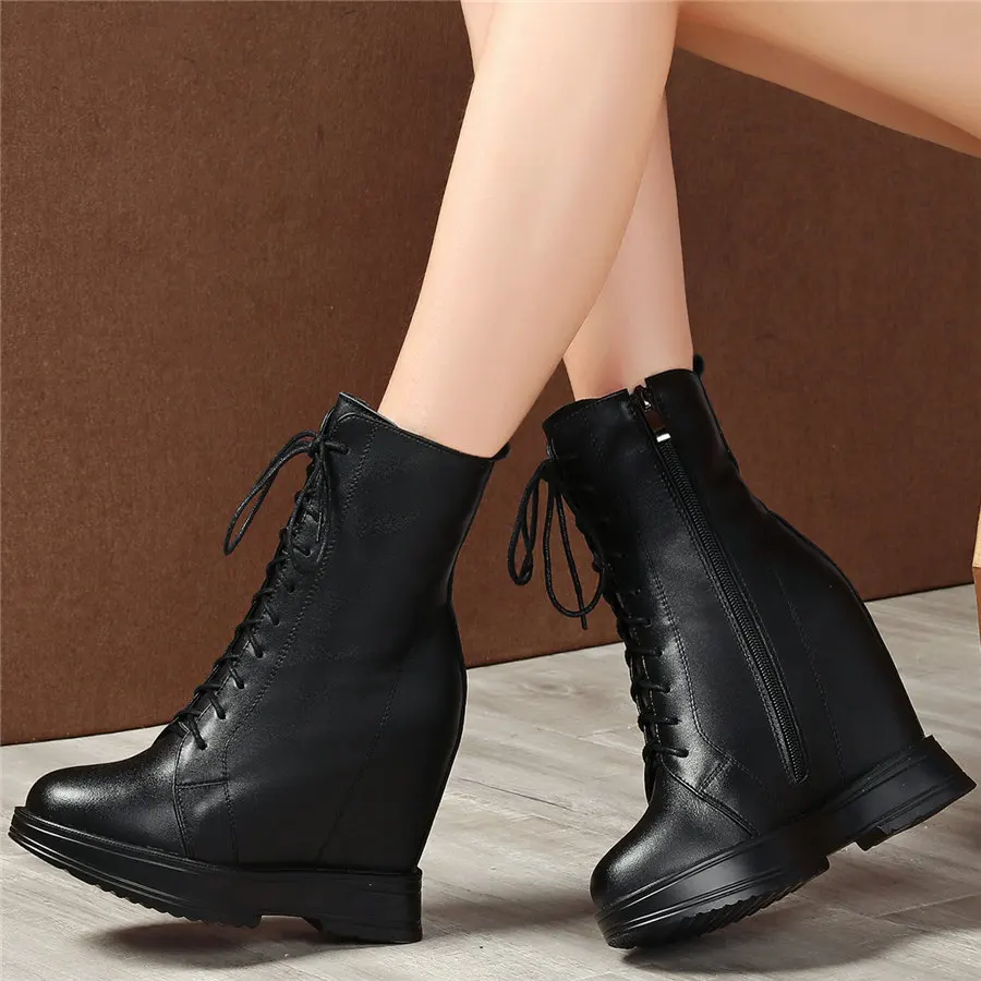 Winter Platform Pumps Women Lace Up Genuine Leather Wedges High Heel Snow Boots High Top Round Toe Chunky Sneakers Casual Shoes - Image 2