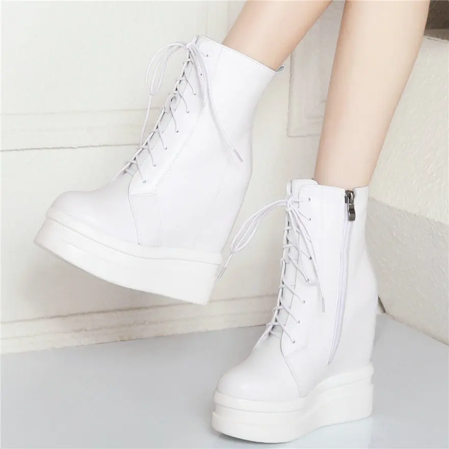 Winter Fashion Sneakers Women Lace Up Genuine Leather Wedges High Heel Snow Boots High Top Round Toe Pumps Shoes Casual Shoes