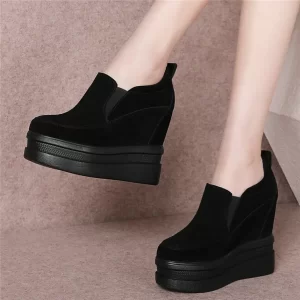 Casual Shoes Women Slip On Genuine Leather Wedges High Heel Ankle Boots Female Round Toe Platform Pumps Shoes Fashion Sneakers