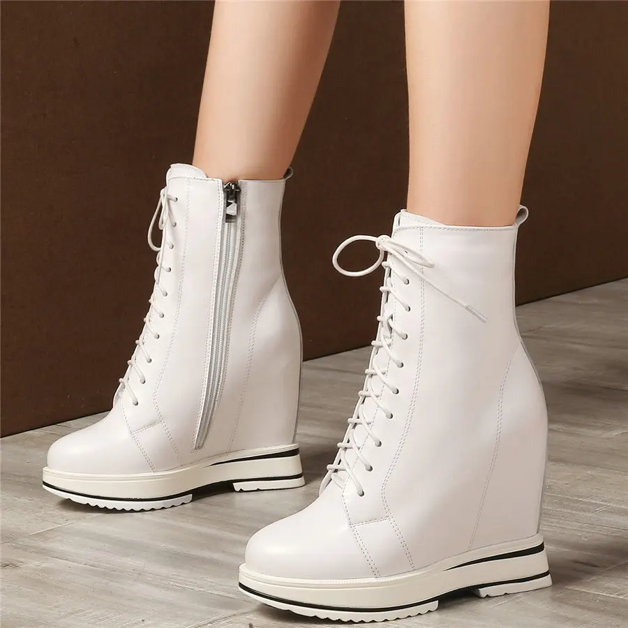 Winter Platform Pumps Women Lace Up Genuine Leather Wedges High Heel Snow Boots High Top Round Toe Chunky Sneakers Casual Shoes - Image 3