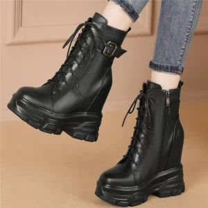 2025 Winter Chunky Sneakers Women Lace Up Genuine Leather Wedges High Heel Snow Boots High Top Platform Pumps Shoes Casual Shoes
