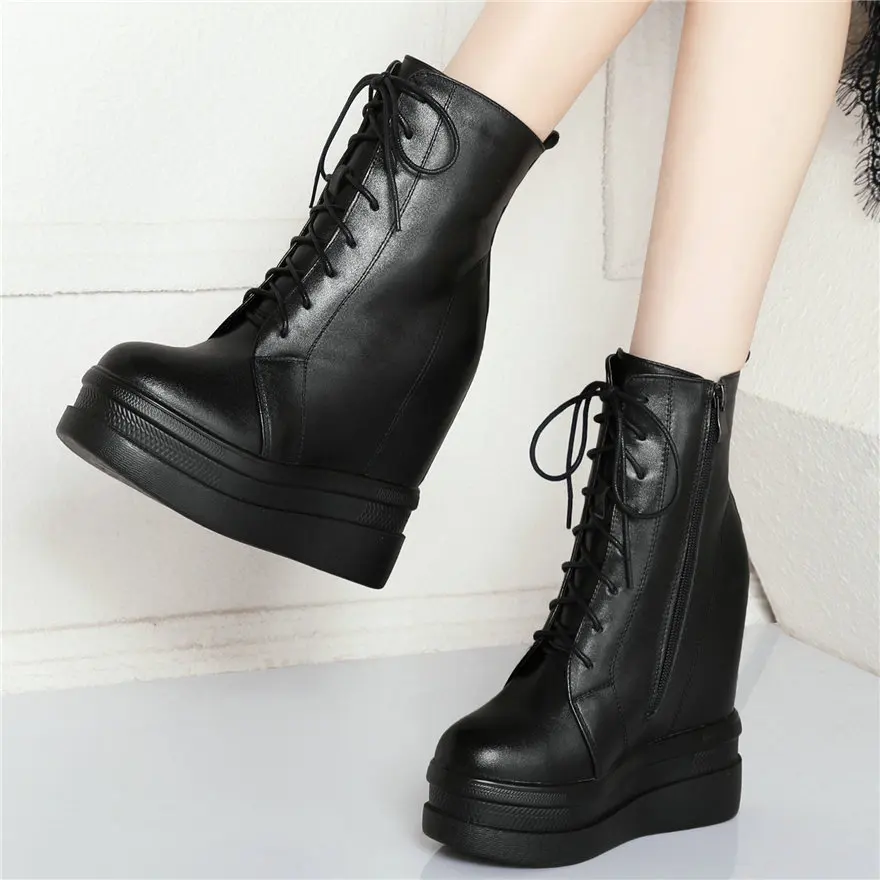 Winter Fashion Sneakers Women Lace Up Genuine Leather Wedges High Heel Snow Boots High Top Round Toe Pumps Shoes Casual Shoes - Image 2