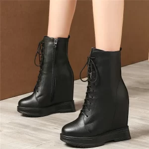 Winter Platform Pumps Women Lace Up Genuine Leather Wedges High Heel Snow Boots High Top Round Toe Chunky Sneakers Casual Shoes