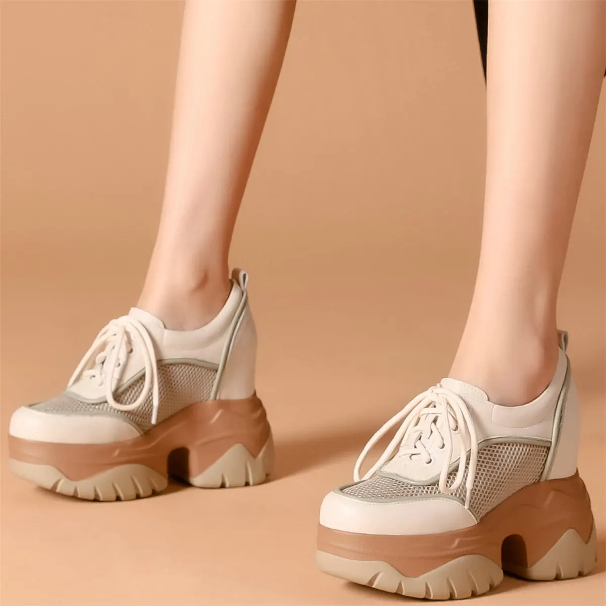 Summer Platform Pumps Shoes Women Lace Up Genuine Leather Wedges High Heel Ankle Boots Round Toe Chunky Sneakers Casual Shoes - Image 4