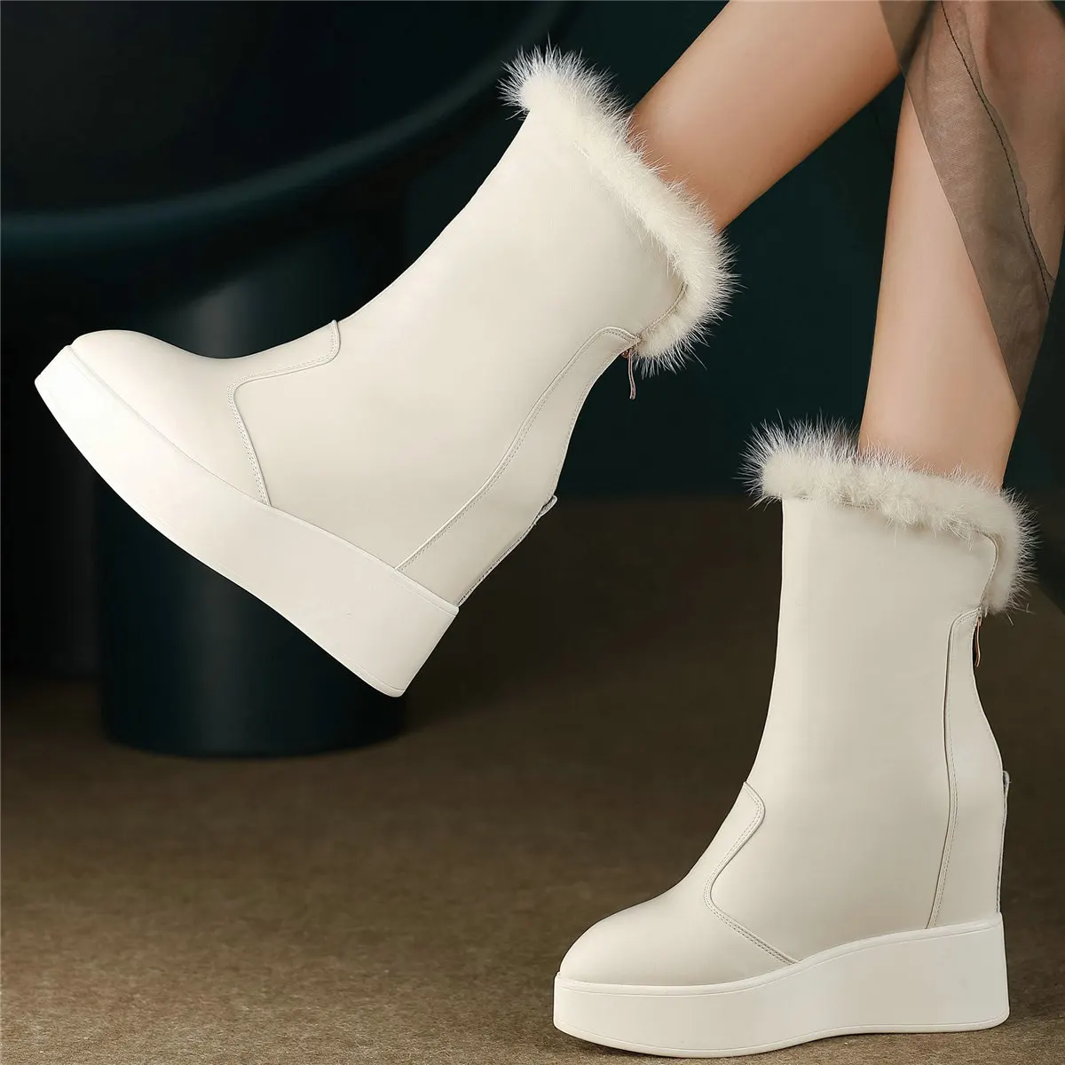 Winter Warm Fur Platform Pumps Shoes Women Genuine Leather Wedges High Heel Snow Boots Pointed Toe Chunky Sneakers Casual Shoes - Image 2