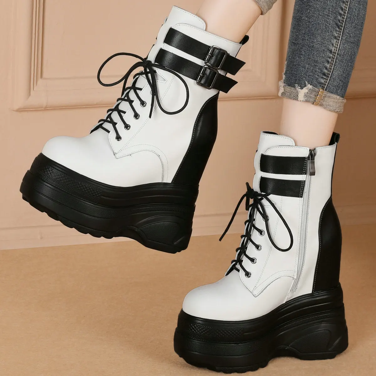 Winter Plus Size 47 Chunky Sneakers Women Custom-Made Big Size 46 45 Genuine Leather Wedges High Heel Snow Boots Platform Pumps
