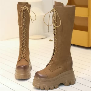 Winter Wedges Pumps Shoes Women Genuine Leather Super High Heels Knee High Snow Boots Round Toe Chunky Sneakers Casual Shoes