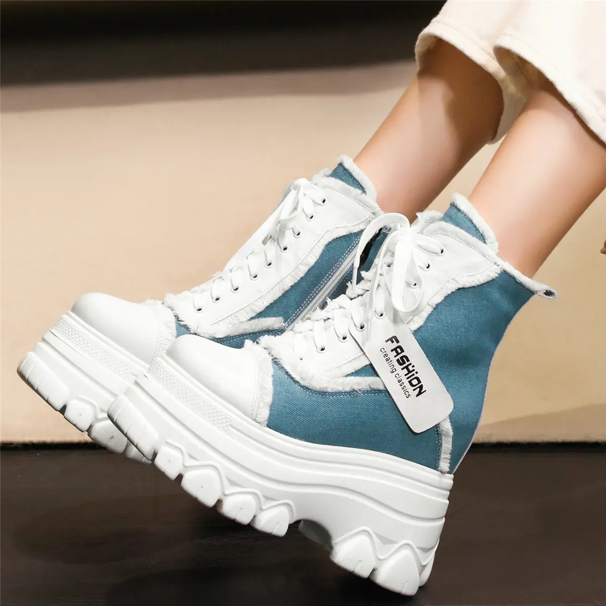 Winter Pumps Shoes Women Lace Up Canvas Wedges High Heel Ankle Boots Female High Top Round Toe Fashion Sneakers Casual Shoes - Image 2