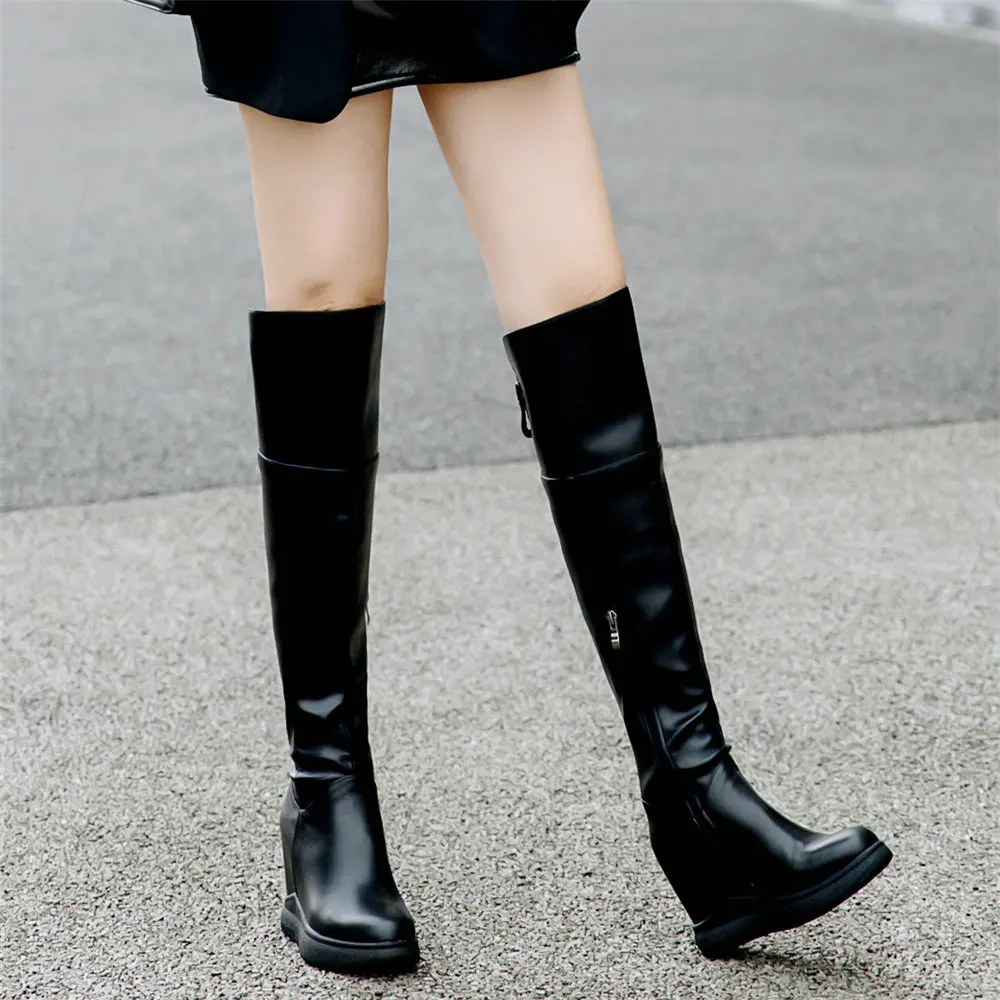 Winter Platform Pumps Shoes Women Genuine Leather Wedges High Heel Motorcycle Boots Female Round Toe Thigh High Fashion Sneakers - Image 5