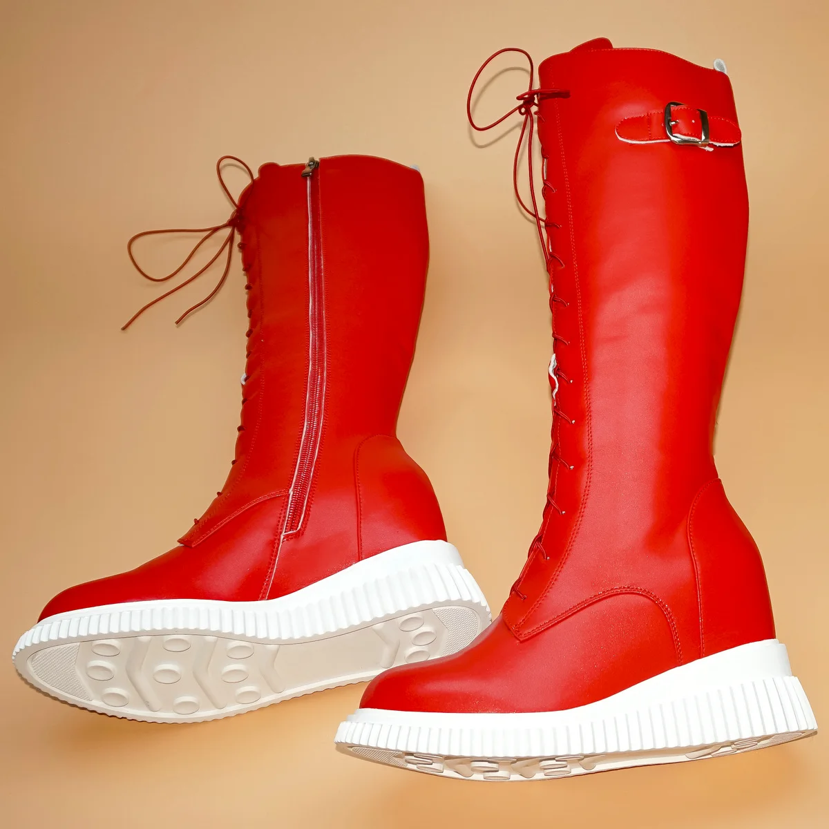 Winter Platform Pumps Women Genuine Leather Wedges High Heel Knee High Snow Boots Round Toe Chunky Sneakers Hidden Heel Shoes - Image 3