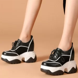 Summer Platform Pumps Shoes Women Lace Up Genuine Leather Wedges High Heel Ankle Boots Round Toe Chunky Sneakers Casual Shoes