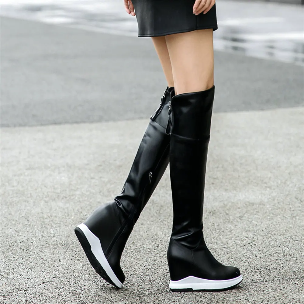 Winter Platform Pumps Shoes Women Genuine Leather Wedges High Heel Motorcycle Boots Female Round Toe Thigh High Fashion Sneakers - Image 4