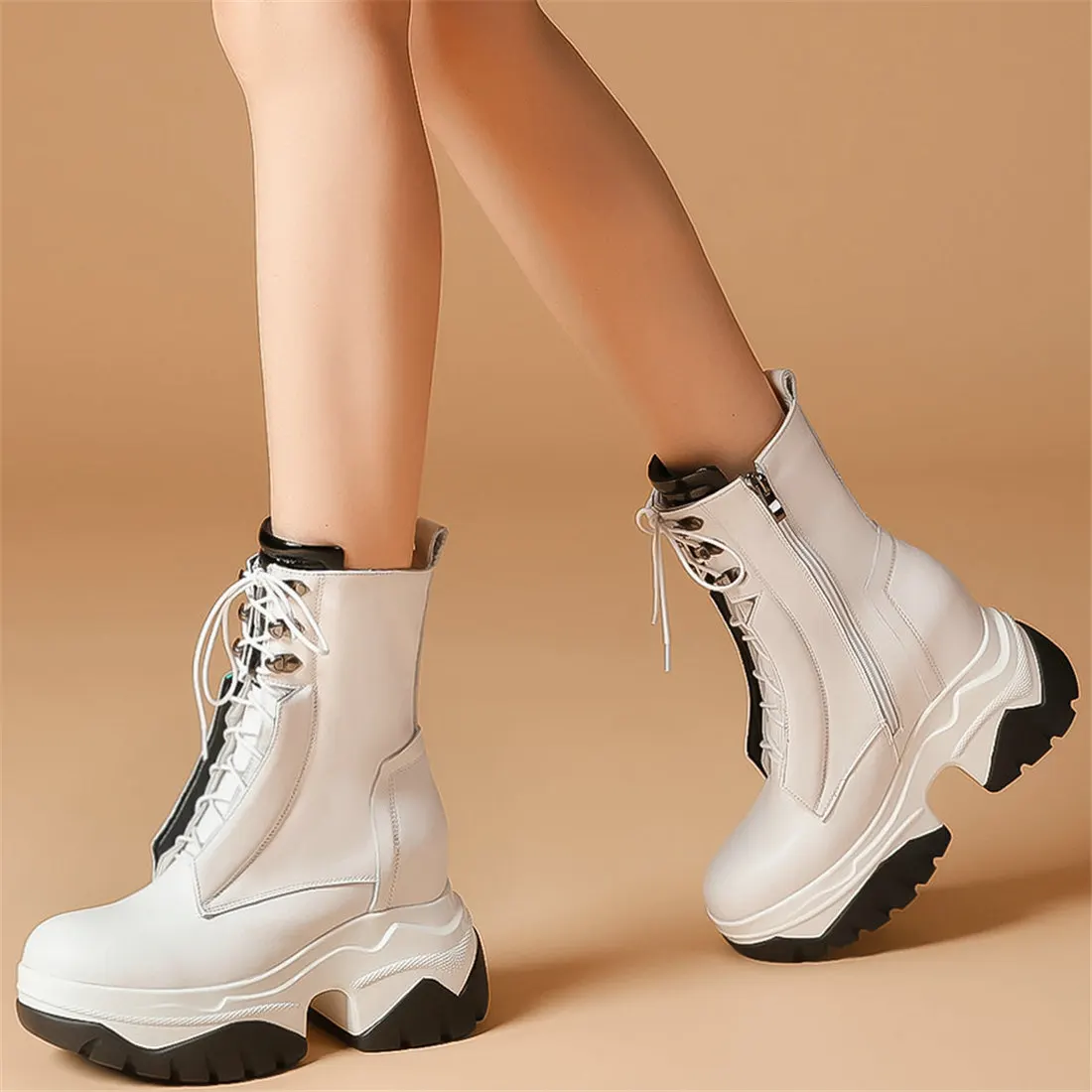 Winter Platform Wedges Pumps Shoes Women Lace Up Genuine Leather High Heel Round Toe Snow Boots Chunky Sneakers Casual Shoes - Image 6