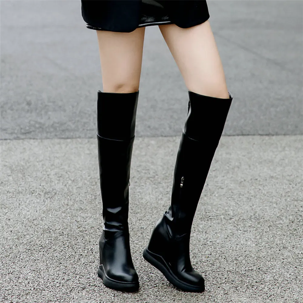 Winter Platform Pumps Shoes Women Genuine Leather Wedges High Heel Motorcycle Boots Female Round Toe Thigh High Fashion Sneakers - Image 6