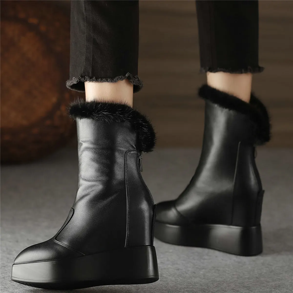 Winter Warm Fur Platform Pumps Shoes Women Genuine Leather Wedges High Heel Snow Boots Pointed Toe Chunky Sneakers Casual Shoes - Image 6