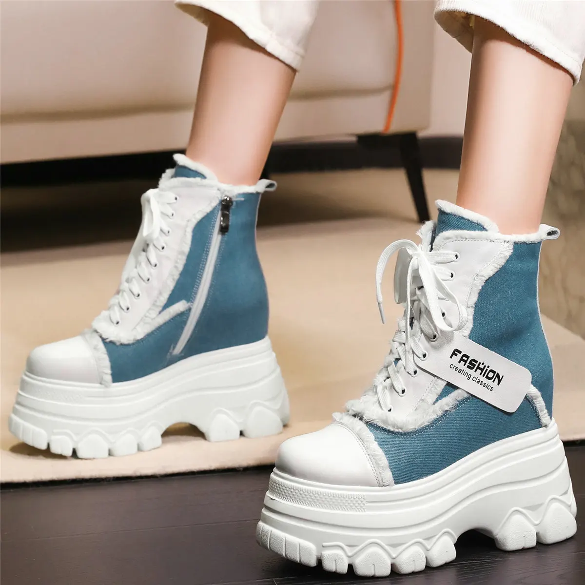 Winter Pumps Shoes Women Lace Up Canvas Wedges High Heel Ankle Boots Female High Top Round Toe Fashion Sneakers Casual Shoes