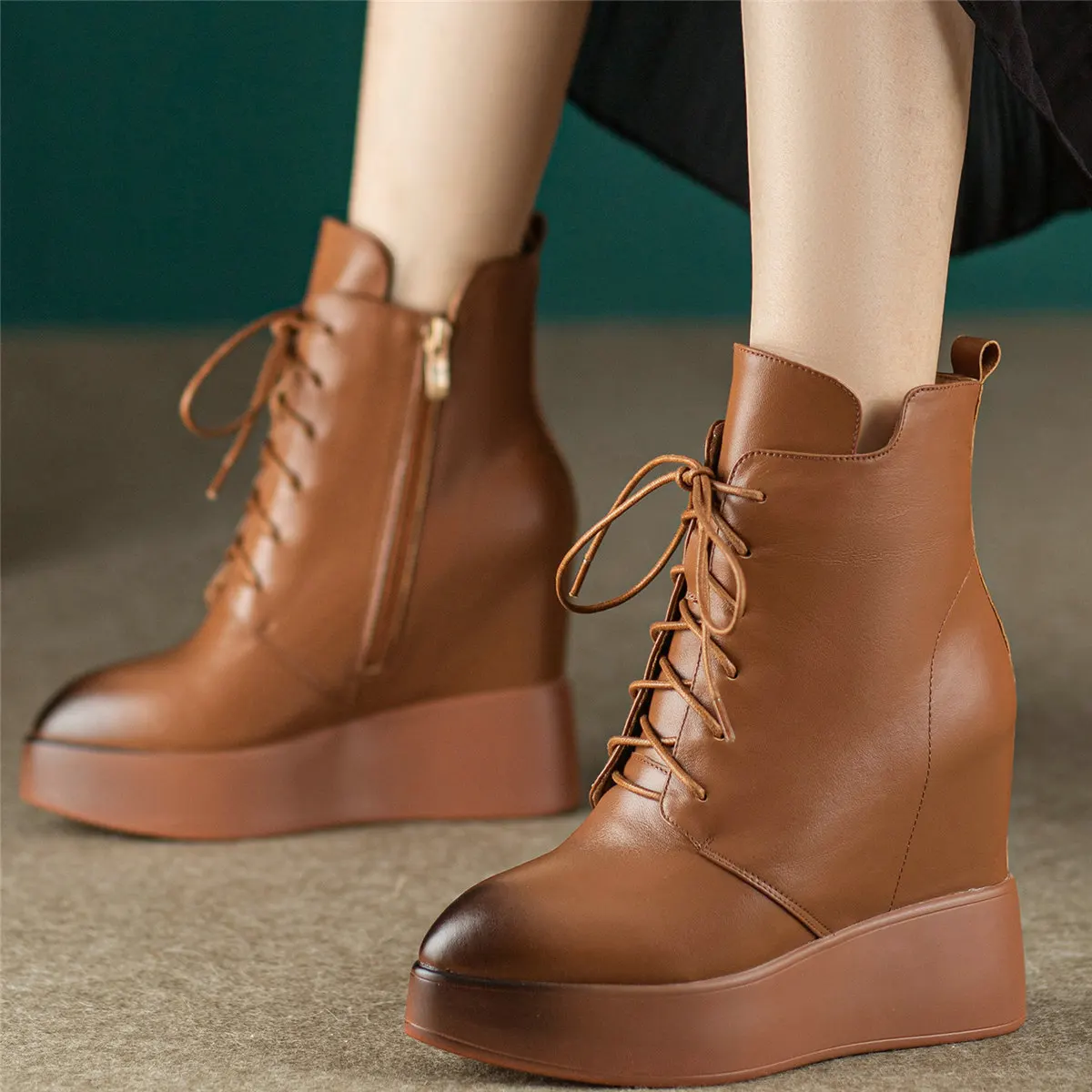 Platform Pumps Women Lace Up Genuine Leather Wedges High Heel Snow Boots Winter Pointed Toe Chunky Sneakers Vulcanized Shoes