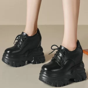 12cm High Heel Thick Soled Shoes Women Lace Up Genuine Leather Wedges Platform Pumps Shoe Round Toe Chunky Sneakers Casual Shoes
