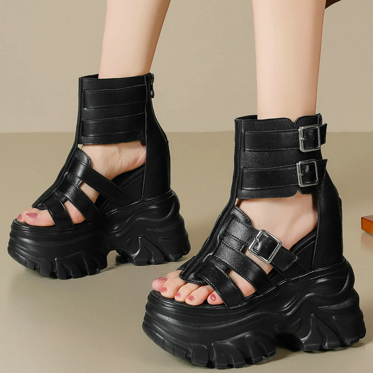 Platform Pumps Thick Soled Shoes Women Black White Genuine Leather Wedges High Heel Gladiator Sandals Open Toe Chunky Sneakers - Image 4