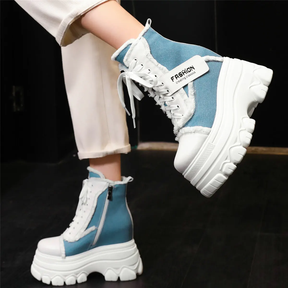 Winter Pumps Shoes Women Lace Up Canvas Wedges High Heel Ankle Boots Female High Top Round Toe Fashion Sneakers Casual Shoes - Image 3