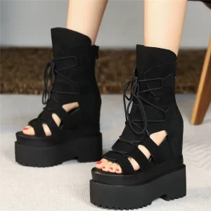 Summer Wedges Chunky Sneakers Women Lace Up Genuine Leather High Heel Gladiator Sandals Open Toe Platform Pumps Casual Shoes
