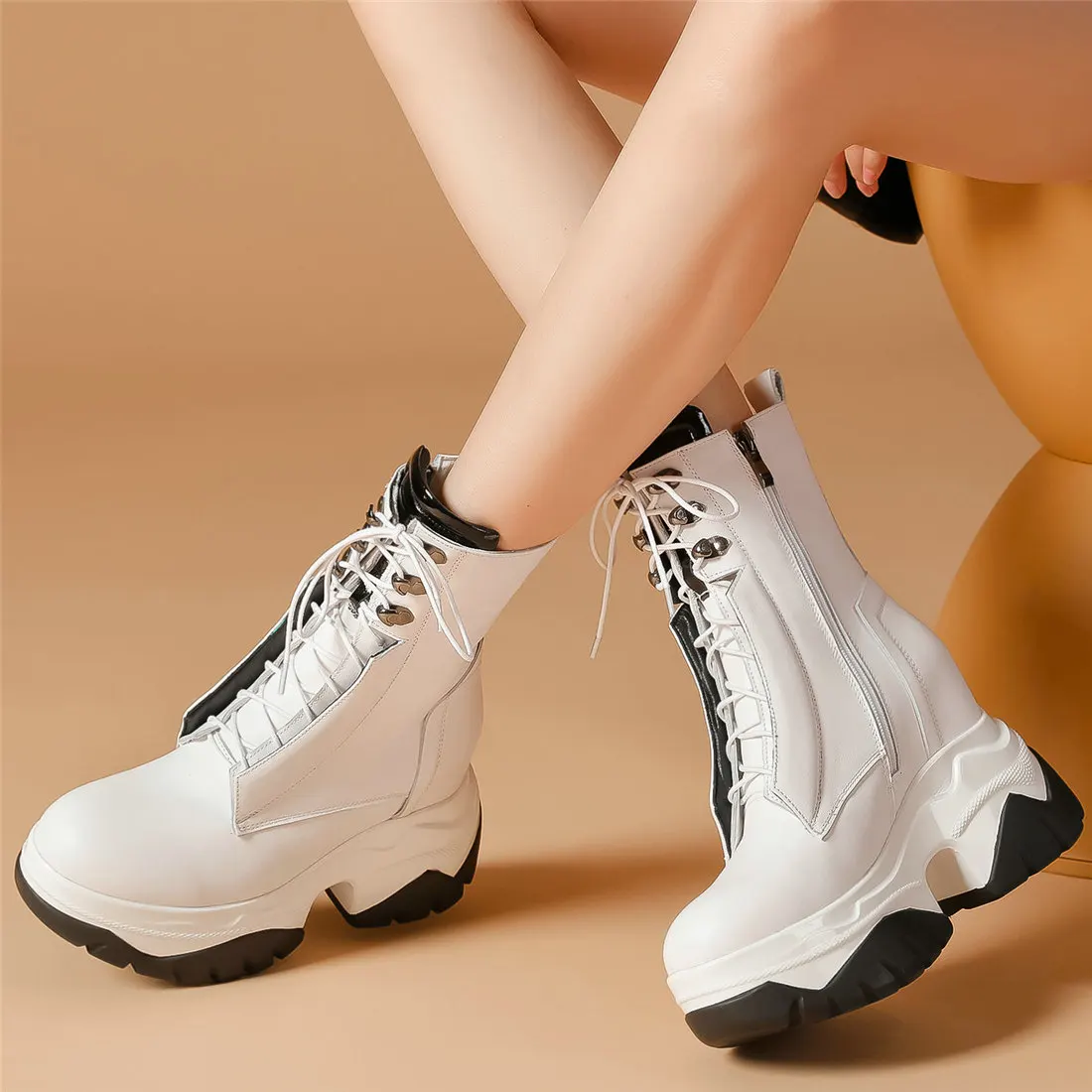 Winter Platform Wedges Pumps Shoes Women Lace Up Genuine Leather High Heel Round Toe Snow Boots Chunky Sneakers Casual Shoes - Image 5