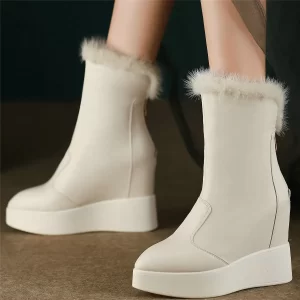 Winter Warm Fur Platform Pumps Shoes Women Genuine Leather Wedges High Heel Snow Boots Pointed Toe Chunky Sneakers Casual Shoes