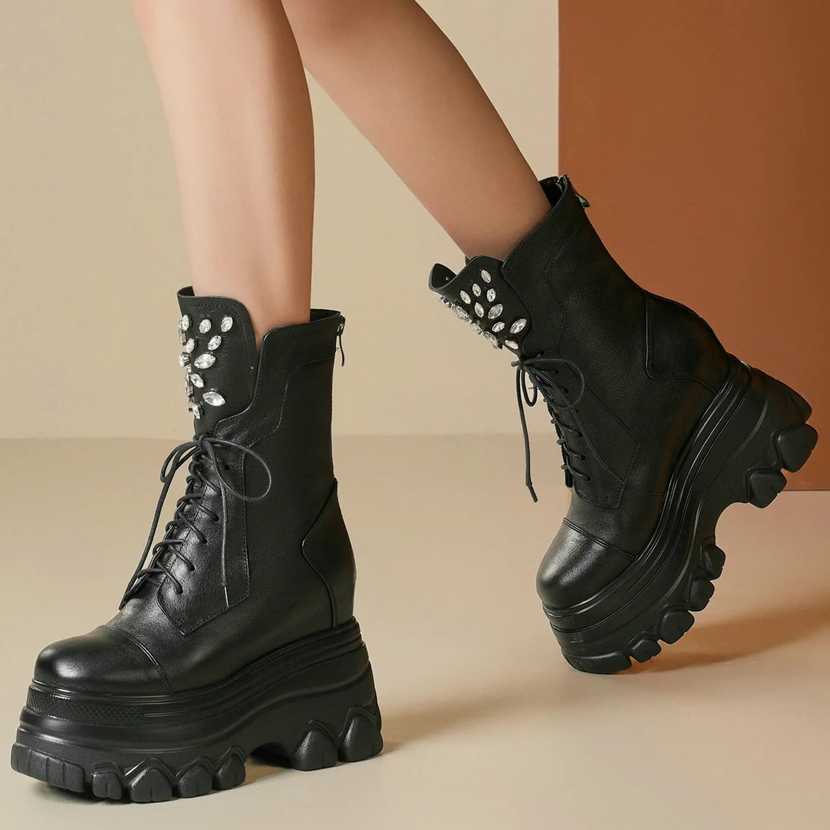 Winter Platform Pumps Shoes Women Genuine Leather High Heel Snow Boots Female High Top Round Toe Fashion Sneakers Casual Shoes - Image 3