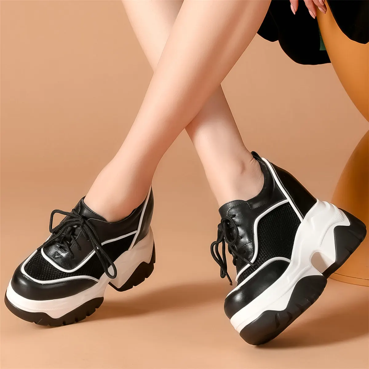Summer Platform Pumps Shoes Women Lace Up Genuine Leather Wedges High Heel Ankle Boots Round Toe Chunky Sneakers Casual Shoes - Image 2