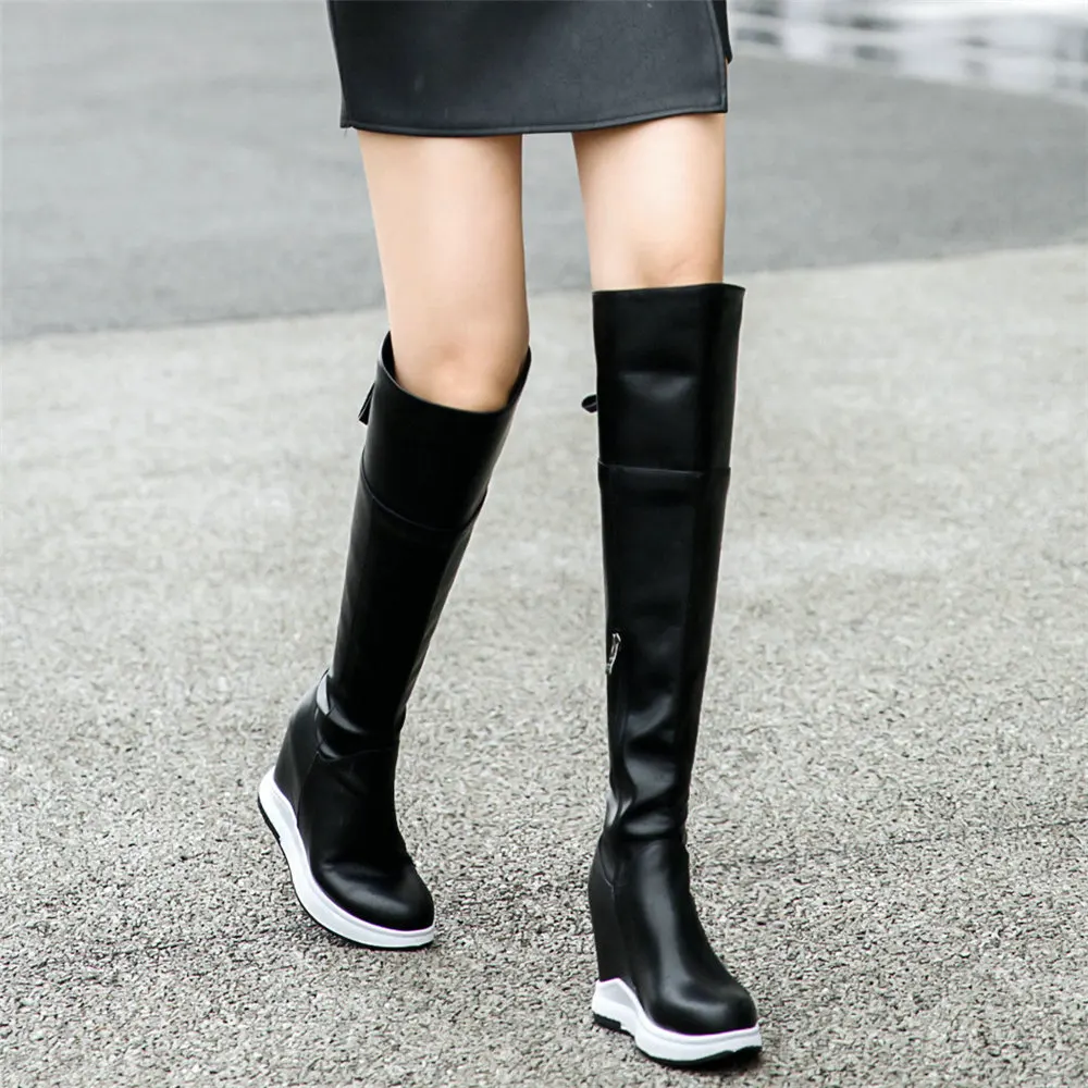 Winter Platform Pumps Shoes Women Genuine Leather Wedges High Heel Motorcycle Boots Female Round Toe Thigh High Fashion Sneakers - Image 3