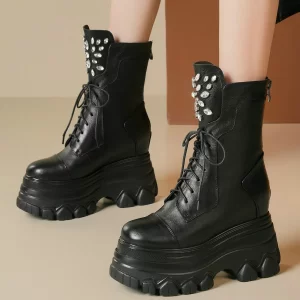 Winter Platform Pumps Shoes Women Genuine Leather High Heel Snow Boots Female High Top Round Toe Fashion Sneakers Casual Shoes