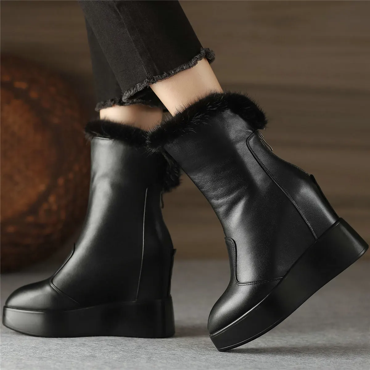 Winter Warm Fur Platform Pumps Shoes Women Genuine Leather Wedges High Heel Snow Boots Pointed Toe Chunky Sneakers Casual Shoes - Image 5