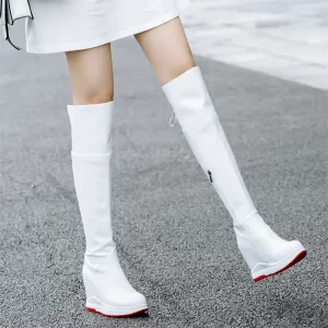 Winter Platform Pumps Shoes Women Genuine Leather Wedges High Heel Motorcycle Boots Female Round Toe Thigh High Fashion Sneakers