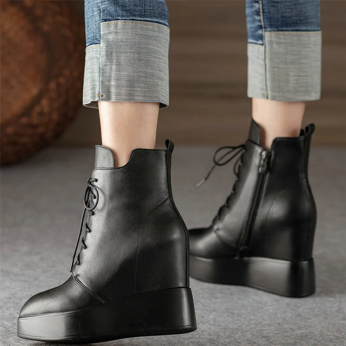 Platform Pumps Women Lace Up Genuine Leather Wedges High Heel Snow Boots Winter Pointed Toe Chunky Sneakers Vulcanized Shoes - Image 4