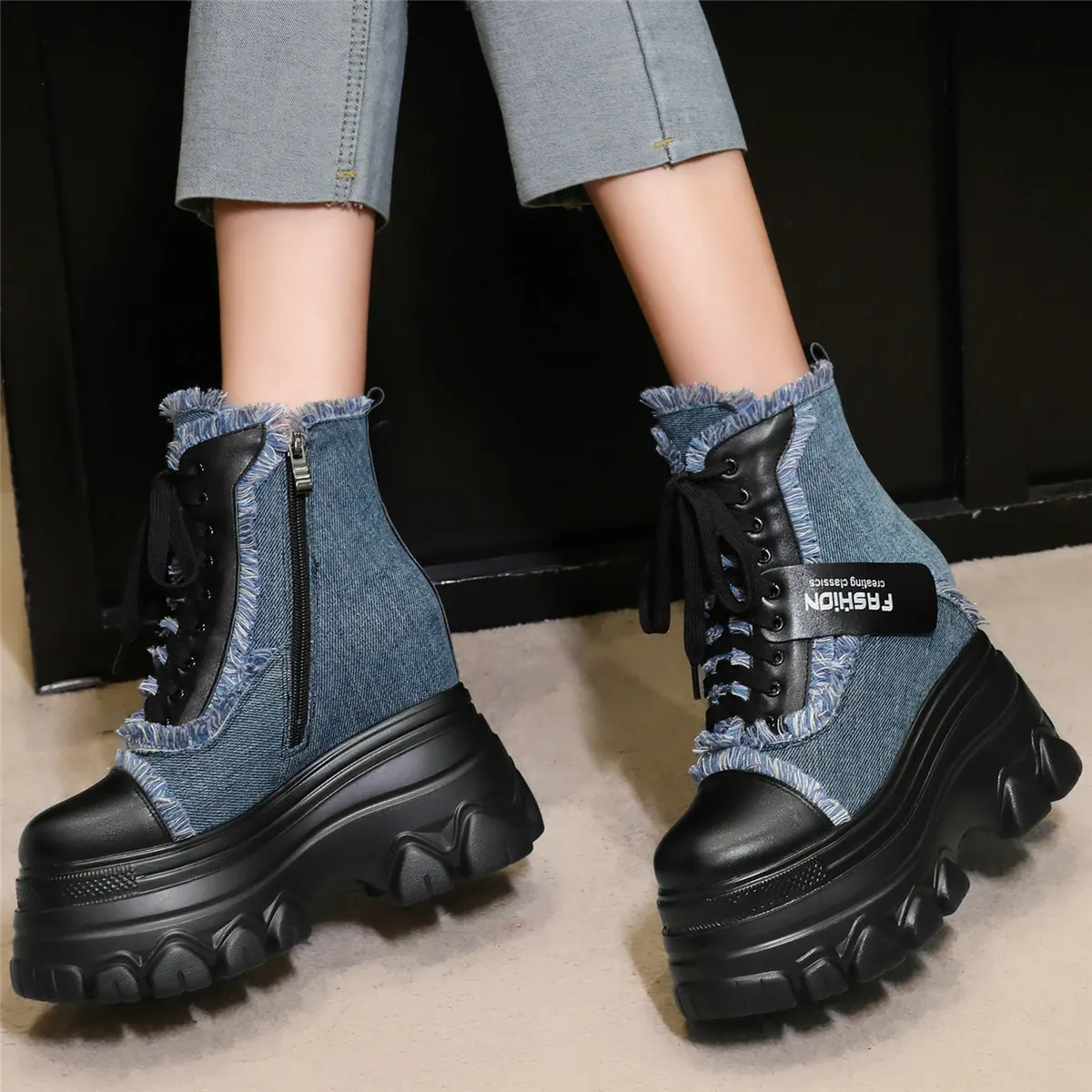 Winter Pumps Shoes Women Lace Up Canvas Wedges High Heel Ankle Boots Female High Top Round Toe Fashion Sneakers Casual Shoes - Image 5