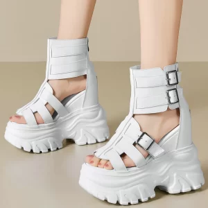 Platform Pumps Thick Soled Shoes Women Black White Genuine Leather Wedges High Heel Gladiator Sandals Open Toe Chunky Sneakers