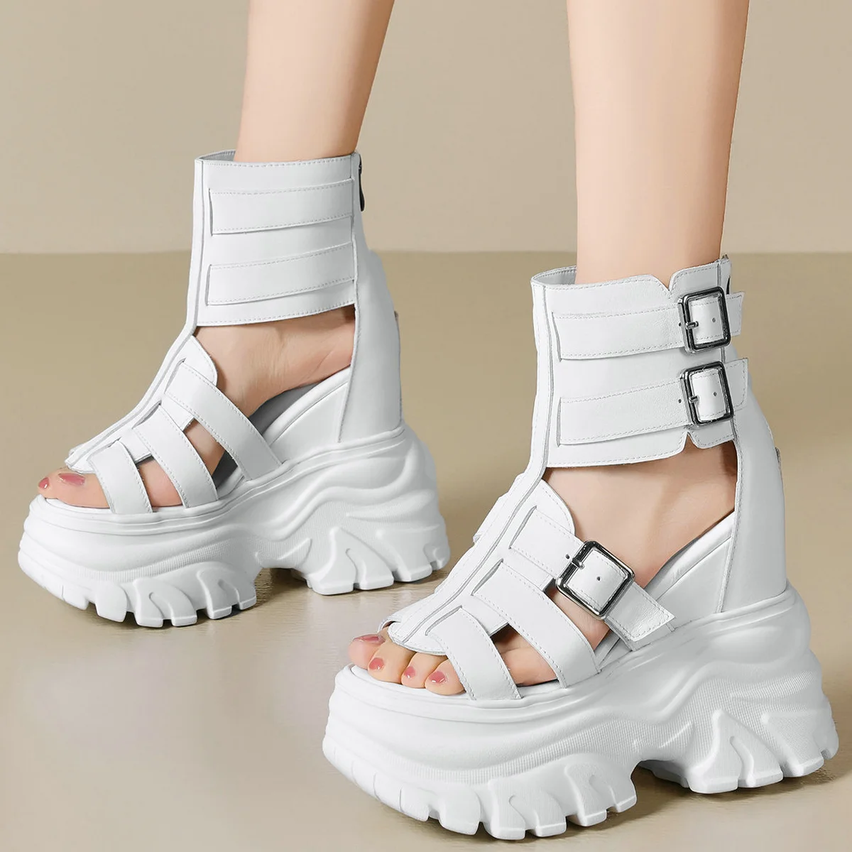 Platform Pumps Thick Soled Shoes Women Black White Genuine Leather Wedges High Heel Gladiator Sandals Open Toe Chunky Sneakers