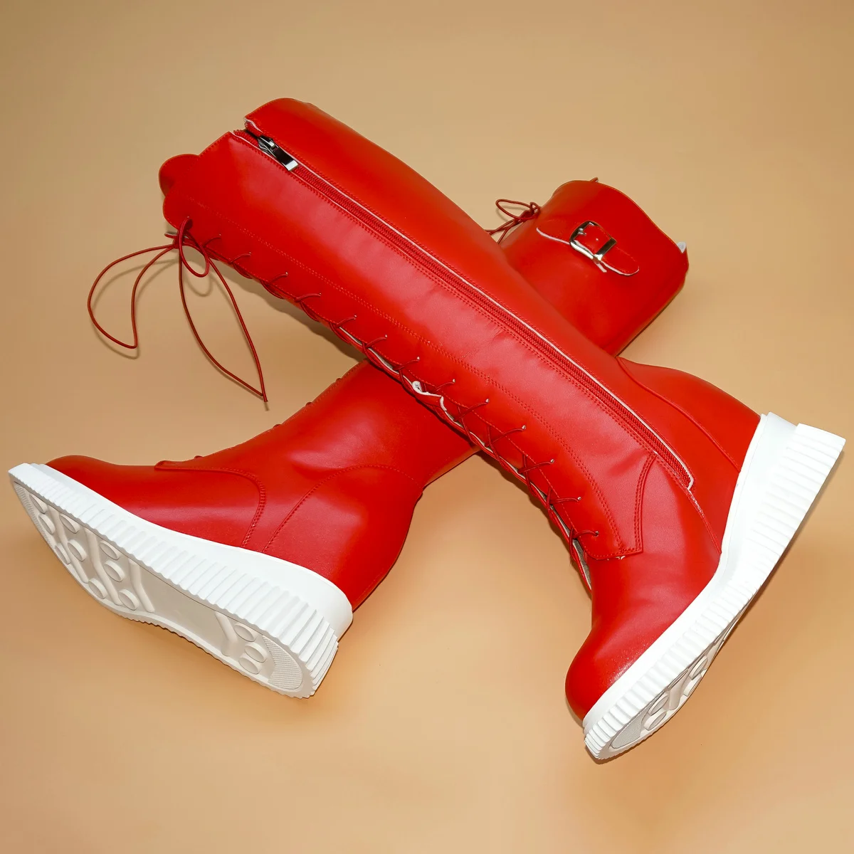 Winter Platform Pumps Women Genuine Leather Wedges High Heel Knee High Snow Boots Round Toe Chunky Sneakers Hidden Heel Shoes - Image 5