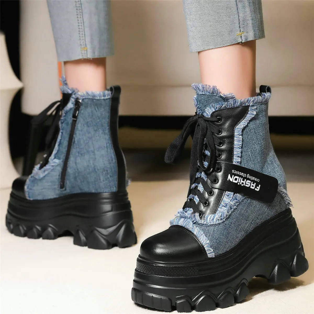 Winter Pumps Shoes Women Lace Up Canvas Wedges High Heel Ankle Boots Female High Top Round Toe Fashion Sneakers Casual Shoes - Image 6