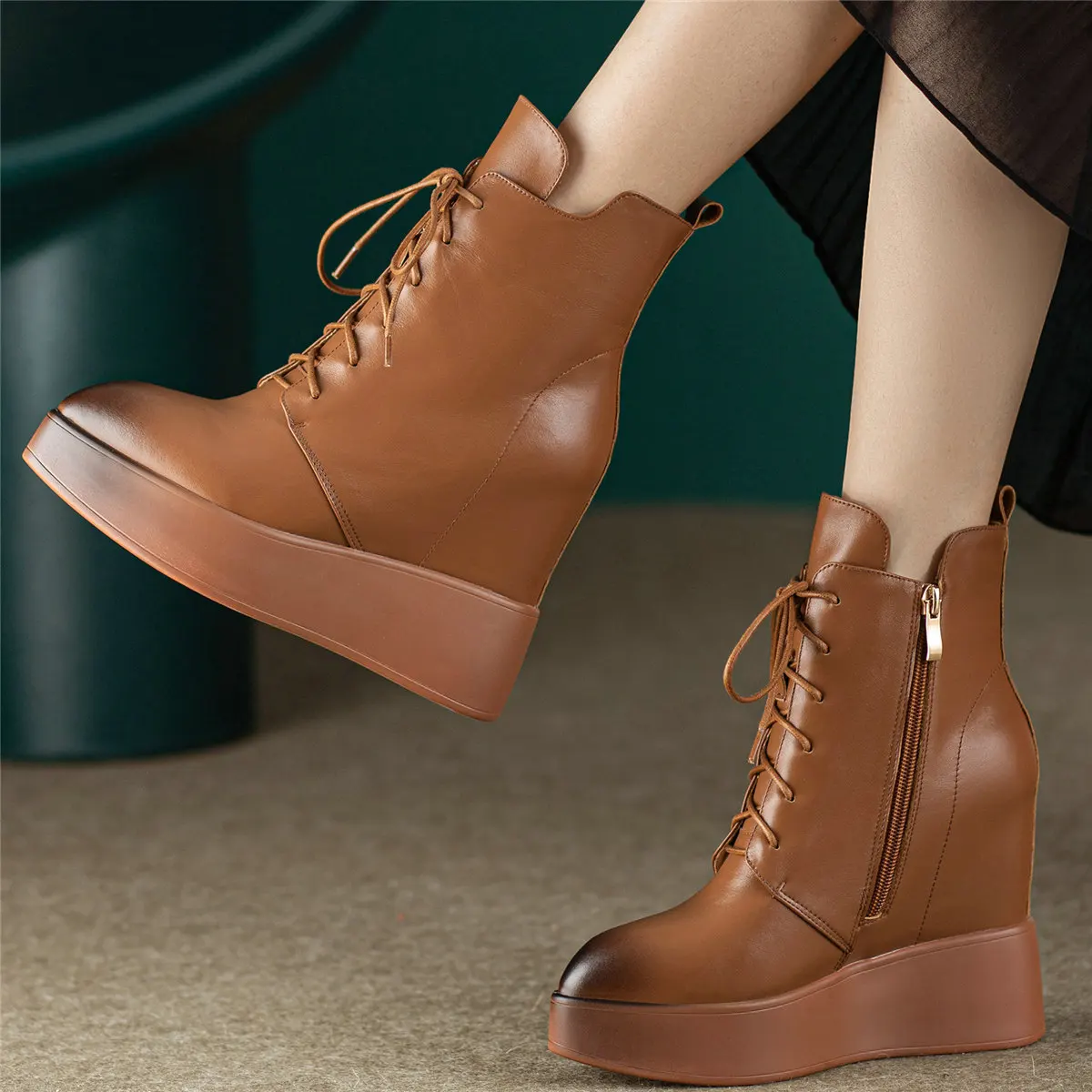 Platform Pumps Women Lace Up Genuine Leather Wedges High Heel Snow Boots Winter Pointed Toe Chunky Sneakers Vulcanized Shoes - Image 2