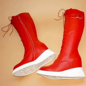 Winter Platform Pumps Women Genuine Leather Wedges High Heel Knee High Snow Boots Round Toe Chunky Sneakers Hidden Heel Shoes