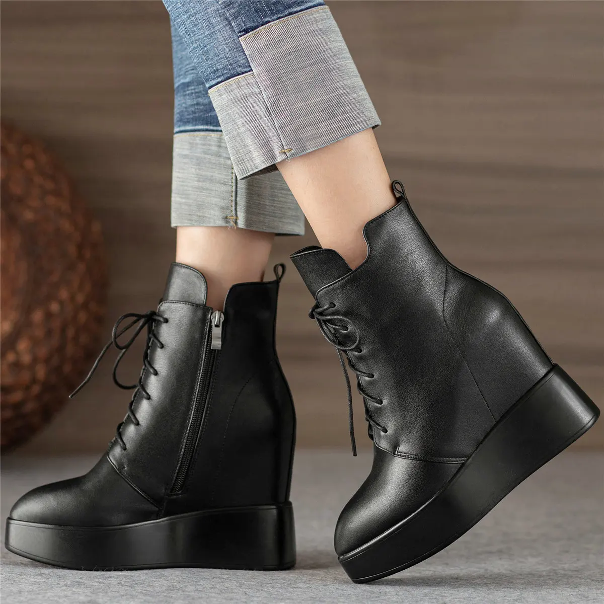 Platform Pumps Women Lace Up Genuine Leather Wedges High Heel Snow Boots Winter Pointed Toe Chunky Sneakers Vulcanized Shoes - Image 3