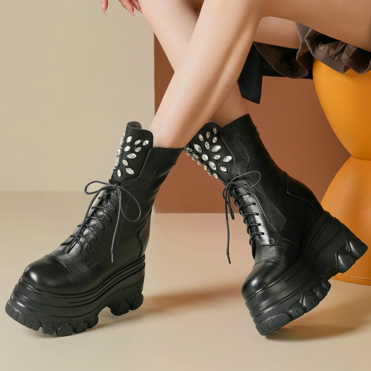 Winter Platform Pumps Shoes Women Genuine Leather High Heel Snow Boots Female High Top Round Toe Fashion Sneakers Casual Shoes - Image 2