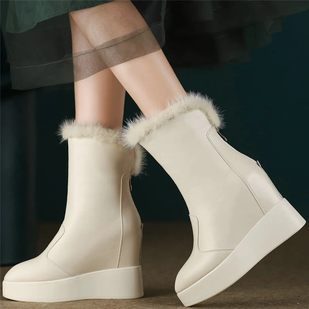 Winter Warm Fur Platform Pumps Shoes Women Genuine Leather Wedges High Heel Snow Boots Pointed Toe Chunky Sneakers Casual Shoes - Image 3