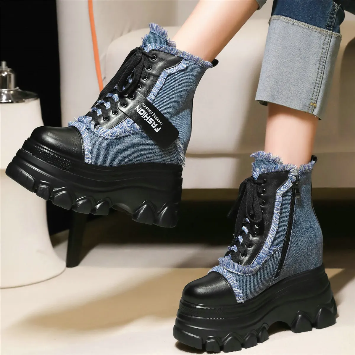 Winter Pumps Shoes Women Lace Up Canvas Wedges High Heel Ankle Boots Female High Top Round Toe Fashion Sneakers Casual Shoes - Image 4