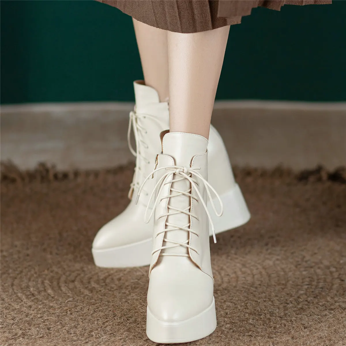 Platform Pumps Women Lace Up Genuine Leather Wedges High Heel Snow Boots Winter Pointed Toe Chunky Sneakers Vulcanized Shoes - Image 6