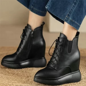 Platform Pumps Shoes Women Lace Up Genuine Leather Wedges High Heel Snow Boots Winter Pointed Toe Chunky Sneakers Casual Shoes