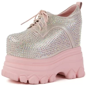 2025 Rhinestones Pumps Shoes Women Genuine Leather Wedges High Heels Chunky Sneakers Round Toe Vulcanized Shoes Casual Shoes